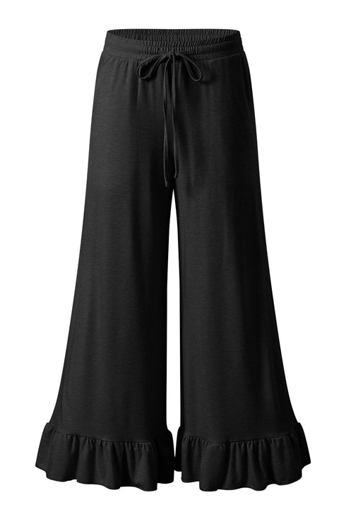 Pull On Elastic High Waist Drawstring Pocket Ruffle Hem Wide Leg Pants